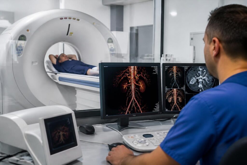 l'angioscanner est un examen d'imagerie médicale permettant de visualiser précisément les vaisseaux sanguins afin de diagnostiquer diverses pathologies vasculaires.