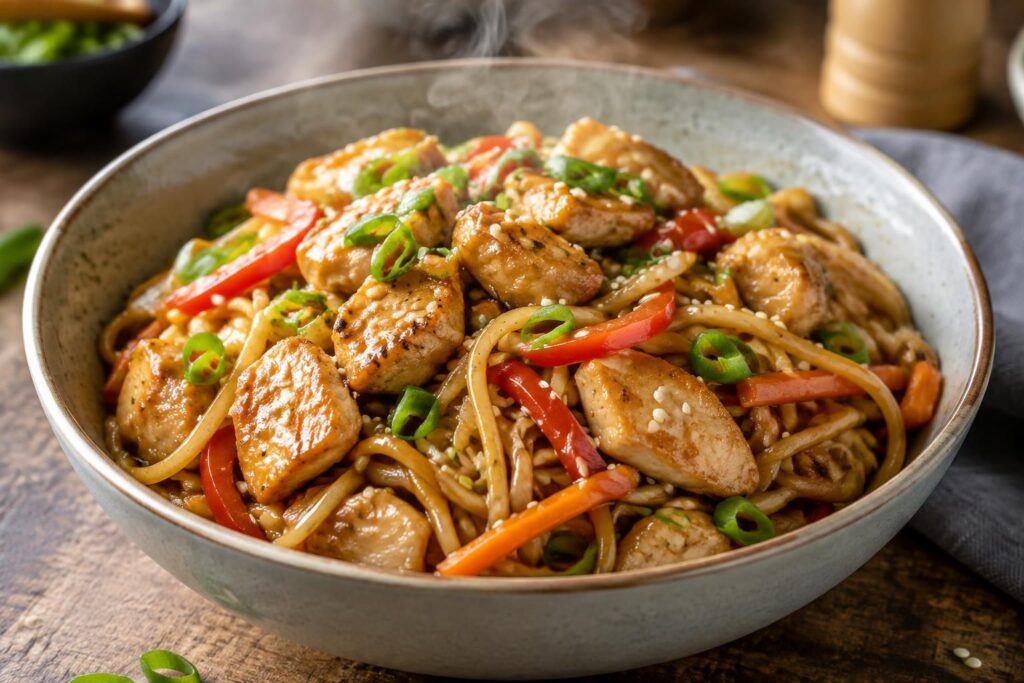 préparez des nouilles sautées au poulet rapides et savoureuses, avec des ingrédients simples et une sauce gourmande. idéal pour un repas express !